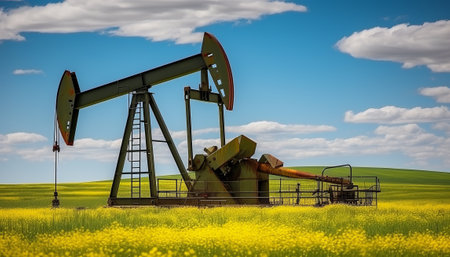 Oil pump in a yellow field with blue sky and white clouds.の素材