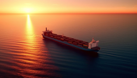 Cargo ship in the sea at sunset. 3d render illustrationの素材