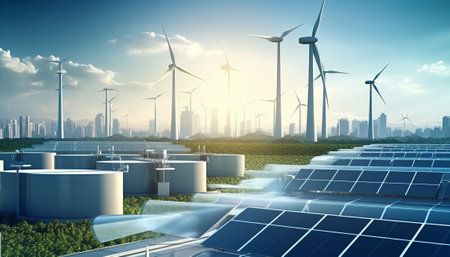 Solar panels and wind turbines against the backdrop of a modern city.の素材