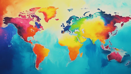 Colorful world map background. Multicolored watercolor painting.の素材