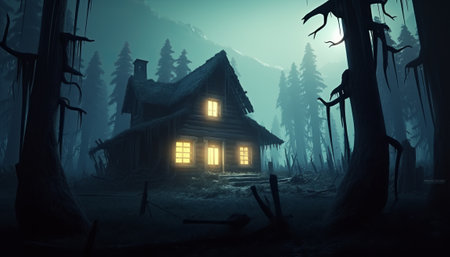 Old abandoned wooden house in the dark forest. 3D rendering.の素材