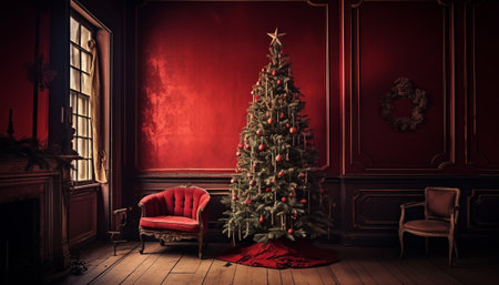 Christmas tree with red armchair in a dark room. Christmas interior.の素材