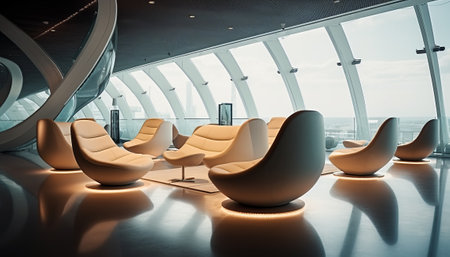 Modern airport interior with orange armchairs. 3d rendering toned imageの素材