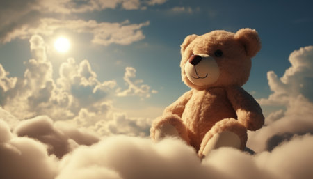 Teddy bear sitting on the cloud with sun and sky background.の素材