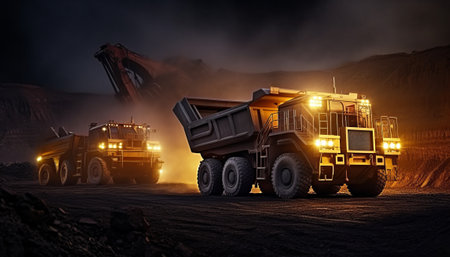 Dump truck in a mine at night. 3D rendering.の素材