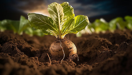 Close up of young beet growing in soil with green leaves at nightの素材