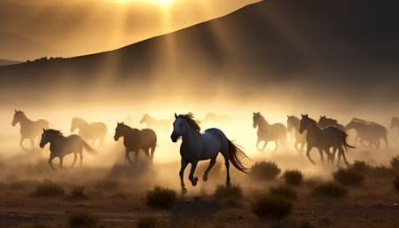 Wild Horse Stallions in the Desert at Sunset - California, USAの素材
