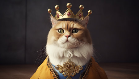 Funny cat wearing golden crown on dark background. Luxurious pet.の素材