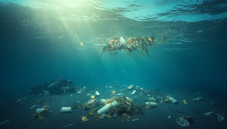 Plastic trash in the ocean. Environmental pollution. 3d renderingの素材