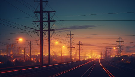 High-voltage lines in the city at sunset. 3d renderの素材