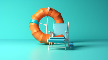 3d render of lifebuoy and deck chair on blue backgroundの素材