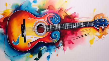 Acoustic guitar on colorful watercolor background. Acoustic guitar on colorful watercolor background.の素材