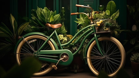 Bicycle decorated with flowers and potted plants, vintage style.の素材