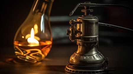Old fashioned oil lamp with a burning candle on a dark background.の素材