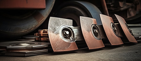 close up of the brake pads of a locomotive on the platformの素材