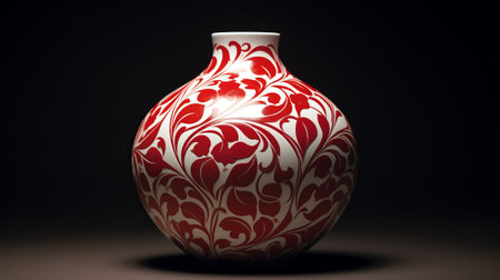 Red vase with floral pattern on a dark background, close upの素材