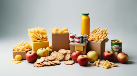 Healthy food concept. Apples, crackers, canned food, crackers and apple on gray backgroundの素材