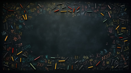 Chalk rubbed out on blackboard background with numbers and symbols.の素材
