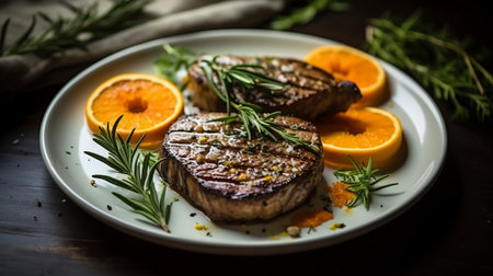 Grilled tuna steak with orange and rosemary on dark wooden backgroundの素材