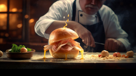 Chef cooking a sandwich with ham and cheese on a dark backgroundの素材