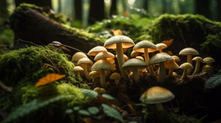 A group of mushrooms in a mossy forest. Selective focus.の素材