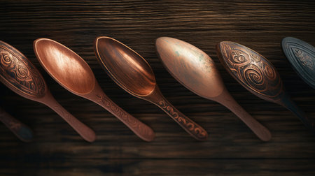Wooden spoons on a wooden background. Vintage style toned pictureの素材