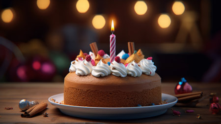 Birthday cake with candles on wooden background. Selective focus.の素材