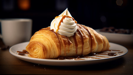 Croissant with whipped cream and chocolate on a wooden table.の素材