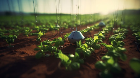 Green seedling growing in a greenhouse. Smart agriculture concept. 3D Renderingの素材