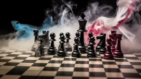 Chess board game concept of business ideas and competition and strategy ideas concep. Chess figures on a dark background with smoke. Selective focusの素材