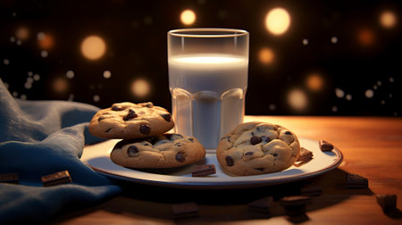 Chocolate chip cookies and a glass of milk on a wooden tableの素材
