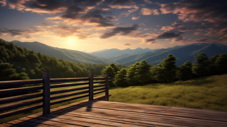 Wooden terrace in the mountains at sunset. 3d renderingの素材