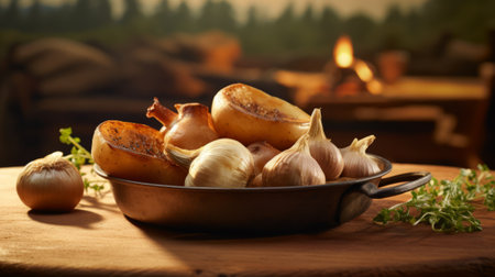 Fried potatoes with garlic and thyme on a wooden table.の素材