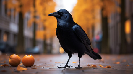 Crow walking on the street with autumn leaves and apples in the backgroundの素材