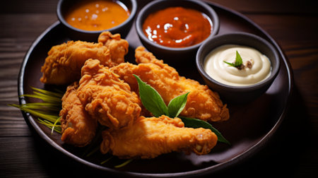 Fried chicken wings with sauce and mayonnaise on wooden backgroundの素材