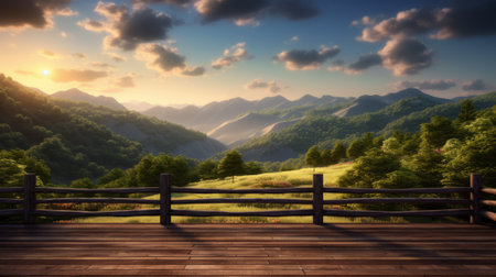 Wooden fence against scenic view of valley in the mountains at sunsetの素材