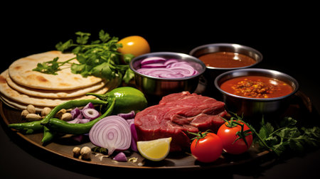 Sliced raw beef on a wooden board with vegetables and spicesの素材
