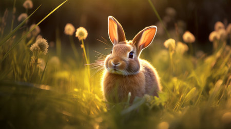 Rabbit in the meadow at sunset. Easter holiday concept.の素材