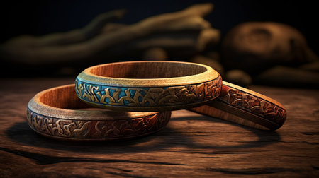 Wooden bowl on old wooden table. Vintage style. Selective focus.の素材