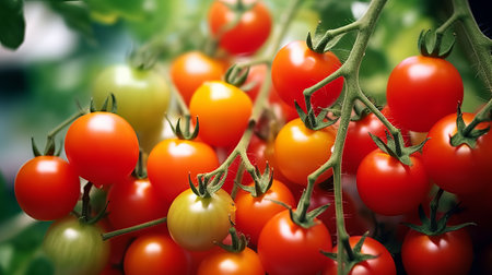 Cherry tomatoes on a branch, close-up. Selective focus.の素材