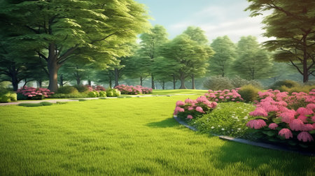 Beautiful spring garden with meadow and flowers,3d renderの素材