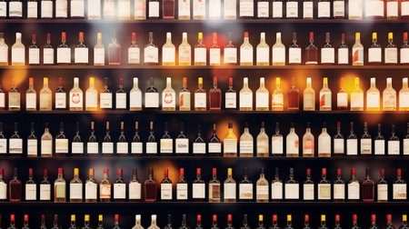 Bottles of wine on shelves in wine store, close-upの素材