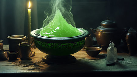 Still life with green incense in a pot on a dark backgroundの素材