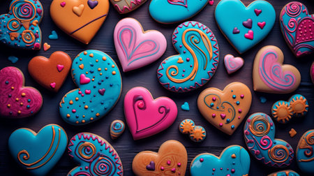 Colorful heart shaped cookies for Valentine's Day on dark wooden backgroundの素材