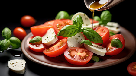 Caprese salad with tomatoes, mozzarella cheese and basil on black backgroundの素材