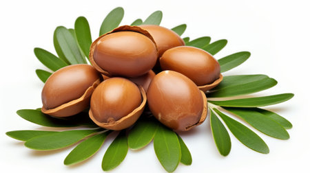 Macadamia nuts with leaves on a white background. Isolatedの素材