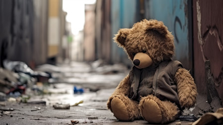 Homeless teddy bear sitting on the street. Selective focus.の素材