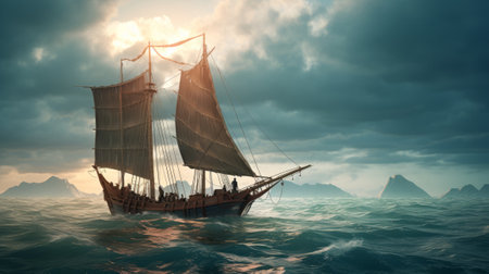 Sailing ship in the sea. 3D render. Conceptual image.の素材