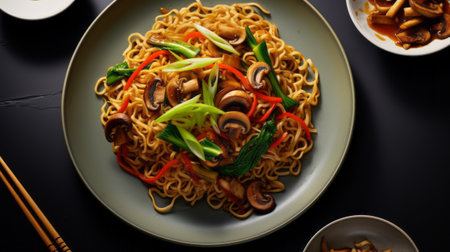 Chinese noodles with mushrooms and vegetables on a black background, top viewの素材