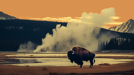 Bison in Yellowstone National Park, Wyoming, United States of Americaの素材